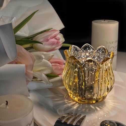 Tulip Votive Candle Holders Set of 12, Tea Light Candle Holder Glass for Table Centerpiece, Tealight Candle Holders for Wedding Déco, Birthday, Anniversary, Parties, and Holiday (Glod) - Image 3