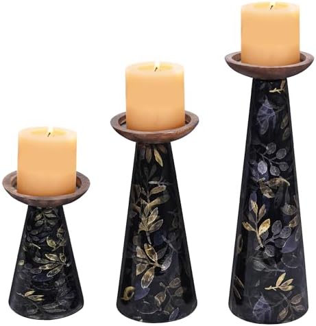 Mela Artisans Multileaf Metal Candle Holders - Gold Black, Set of 3 - Image 2