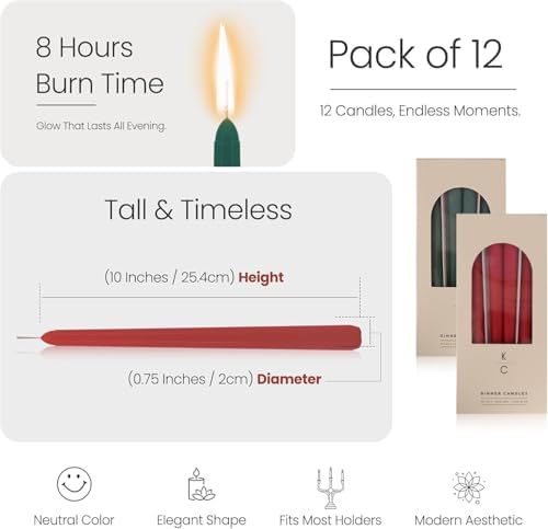Tapered Dinner Candles - Soy & Paraffin Blend, Dinner Candles with Long-Lasting 7-Hour Burn for Stylish Homes - Candle in Curated Colors Ideal Gift for Hosts, Brides & Event Planners-Red & Green - Image 3