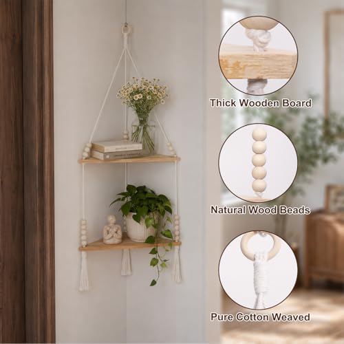 Artilady Macrame Wall Hanging Corner Shelf, Adjust Boho Storage Wall Decor - Image 6