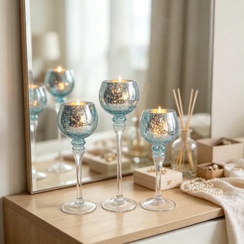 Hosley Elevate Ambiance with Set of 3 Crackle Blue Glass Tealight Holders 12 Inch, 10 Inch, 9 Inch Stylish Home Decor for Unique Candle Displays - Image 4