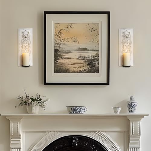 Wall Candle Sconces Set of Two, Rustic Wood Candle Sconce Shabby Chic Wall Decor, Distressed Carved White Wooden Wall Candle Holder for Farmhouse, Bedroom, Fireplace, White - Image 5