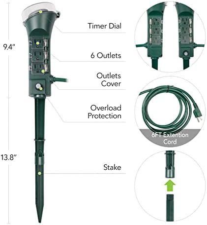 BN-LINK Outdoor Power Stake Timer with Mechanical, 6 Grounded Outlets - 6 ft Cord, Weatherproof for Outdoor Lamps Lights 1875W/15A ETL Listed - Image 6