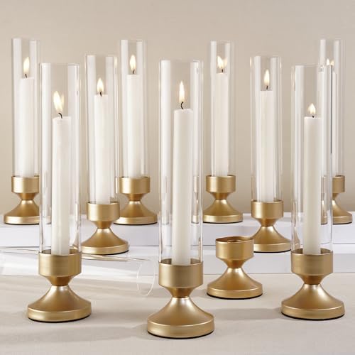 Hurricane Glass Candle Holders, Set of 10 Metal Taper Candlesrick Holders for Centerpieces Tall Gold Candle Stands Bulk with Glass Cylinder for Wedding Birthday Party Table Decor by Unknown