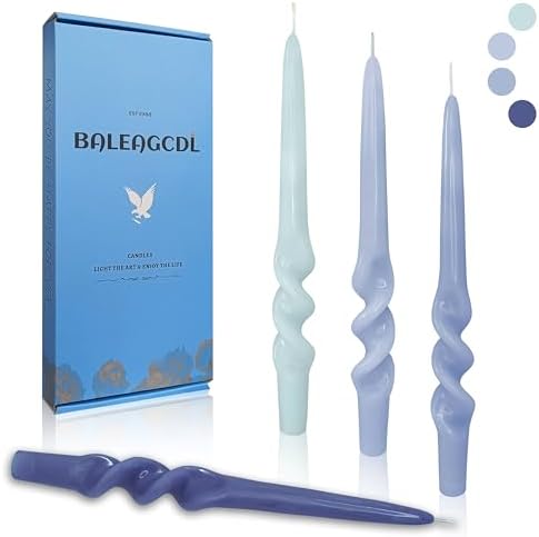 Gradient Blue Smokeless Candles 9.5 Inch Dinner Twisted Taper Candle Unscented Spiral Candlesticks for Holiday Wedding Party Seasons Home Decor 4 PCS by BALEAGCDL