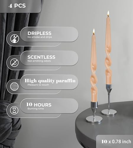 MAITREYA Mocha Beige Taper Candles Spiral Stick Candles Taper Candles-Set of 4 for Decoration Weddings Party Church-Unscented Dripless Candles,10inch(B-Mocha Beige) - Image 4