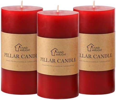 3x6 Inch Red Pillar Candles Set of 3 - Decorative Unscented Pillar Candle by FUNDAMLIGHT