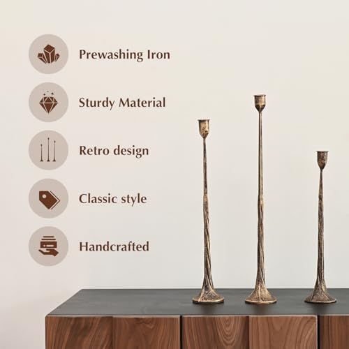 Set of 3 Candle Stick Holders, Iron Antique Gold Candlestick Holders, Fits 3/4 inch Thick Candles, Tapered Candle Holders Tall Set for Dining Table, Wedding, Home Decoration - Image 2