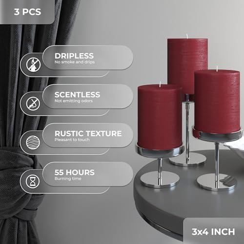 CANDWAX 3x4 inch Pillar Candles Set of 3 – Unscented Dripless Rustic Burgundy Candles for Weddings, Decor, Centerpieces - Image 2