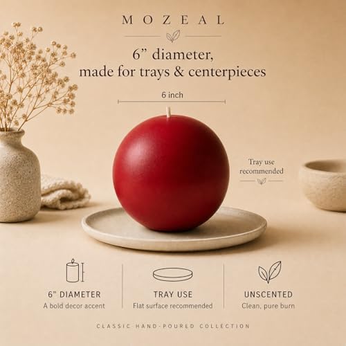 MOZEAL Hand-Poured, 6 Inch Red Large Round Ball Candles - Elegant Red Round Pillar Candles, Dripless, Unscented, Smokeless, Ideal for Valentine's Day and Christmas. - Image 3