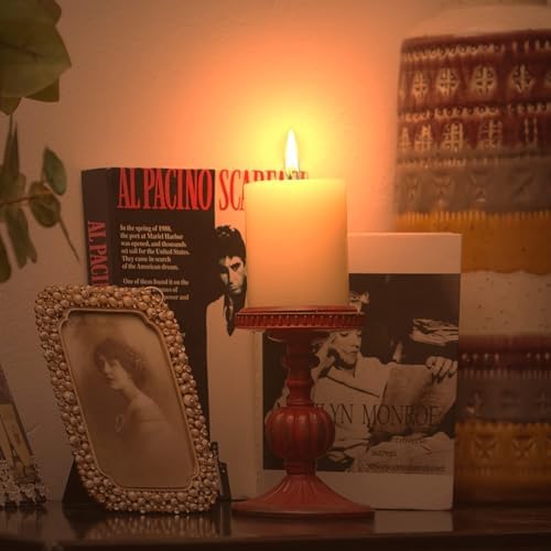 SOFFEE DESIGN 2 Pcs Antique Resin Pillar Candle Holder Sets, Vintage Cylindrical Candlestick Stand Home Decor for Dining, Living Room, Mantel, Table Centerpiece, Retro Red Candleholder Decor - Image 6