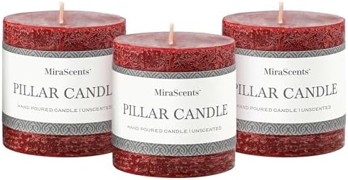 3x3 Inch Burgundy Pillar Candles Set of 3 - Hand-Poured Unscented Candles, Long Clean Burning, Dark Red Pillar Candle, Smokeless Dripless Candle for Dinner Table, Wedding, Home, Rustic Decor by MiraScents