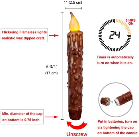 CVHOMEDECO. Real Wax Hand Dipped Battery Operated LED Timer Taper Candles Country Primitive Flameless Lights Décor, 6-3/4 Inch, Coffee, 2 PCS in a Package - Image 6