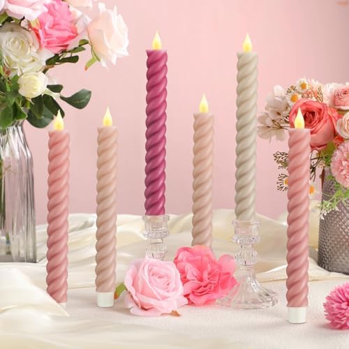 Baquler 6 Pcs Pastel Pink Flameless Taper Candle Twisted LED 9.65 Inch Taper Candles Battery Operated Spiral Candlesticks for Valentine Wedding Birthday Home Party Holiday Dinner Fireplace by Baquler