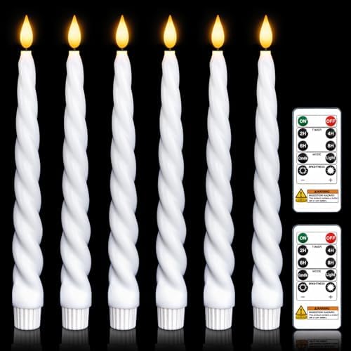 Flickering Flameless Taper Candles with Timer, Real Wax White Twisted Taper Candles Battery Operated, 9.6 Inch Led Candlesticks with Remote Control for Christmas, Wedding, Home Decor by meigic
