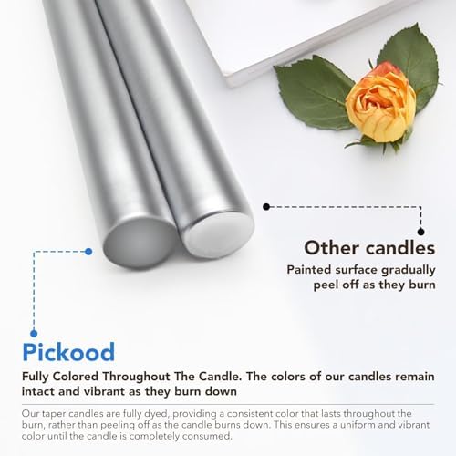 New Burning Formula Unscented Dripless 10-Inch Taper Candles Set of 12 - Silver, for Wedding, Dinner - Smokeless, Long Burning - Hand Poured, Colored Tall Candlesticks - Plata - Image 3