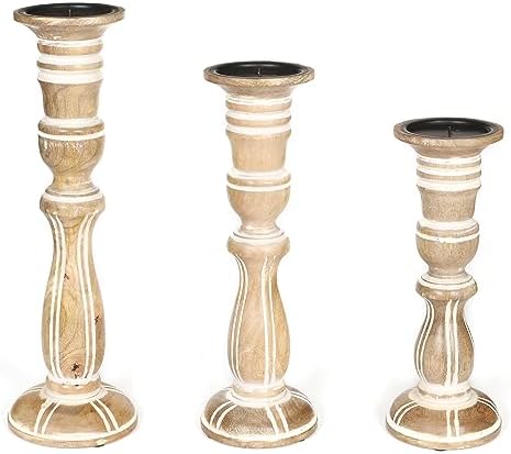 Wooden Candle Holder Set of 3, Tall White Antique Pillar Candle Holders, Rustic Farmhouse Decor, Brown Wooden Candle Stands for Home Decoration - 16, 14, 12 Inch Height - Image 5