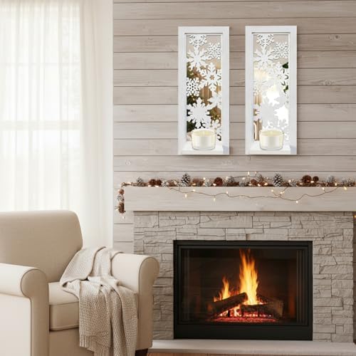 ZEXUIRU 2 Set Rustic Candle Sconces Living Room Bedroom Entryway Wood Mirrored, Farmhouse, Carved Frame Wall-Mount Wooden Candle Holders Wall Decor Hanging Handmade Holder - Distressed White - Image 6