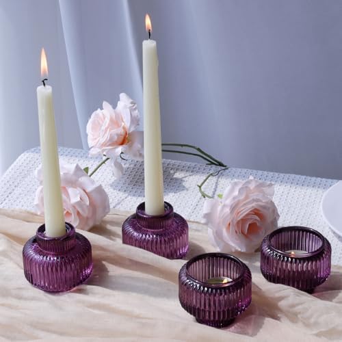Woho Purple Candlestick Holders Set of 4 for Halloween Decorations, Ribbed Glass Taper Candle Holders for Thanksgiving/Christmas, Vintage Candle Sticks Holder Decor for Fall Wedding Table Centerpiece - Image 5