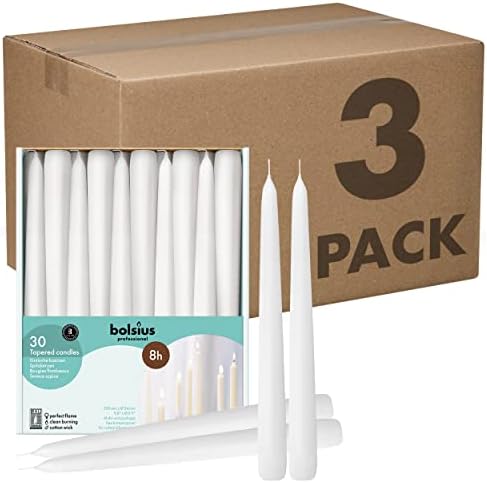 BOLSIUS White Taper Candles - 3 Packs = Total 90 Candles - 8 Hours - Premium European Quality - Consistent Smokeless Flame - Unscented Dripless Candlesticks by BOLSIUS