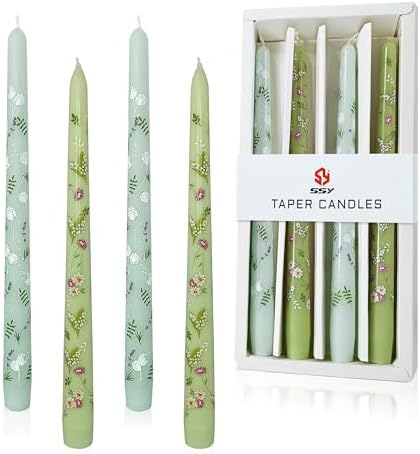 Printed Taper Candle Dripless Candles Sticks - 4 pcs Handmade Green Taper Candle 10 inches Long Tapered Candles for Home Party Wedding Restaurant Holiday Decor by XINAOBAOLUO