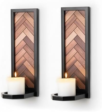 Herringbone Wood Candle Sconces, Set of 2 Wall-Mounted Pillar Candle Holders, Antique Classical Wooden Candleholder for Farmhouse, Living Room, Bedroom, Rustic Home Decor by AimtoHome
