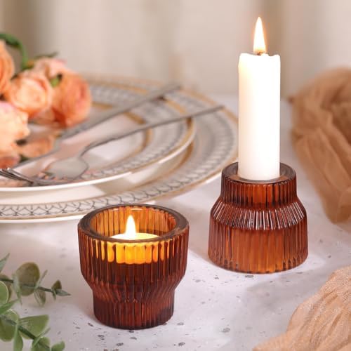 12 Pack Amber Taper Candle Holders, Glass Tea Light Candlestick Holders - Image 6