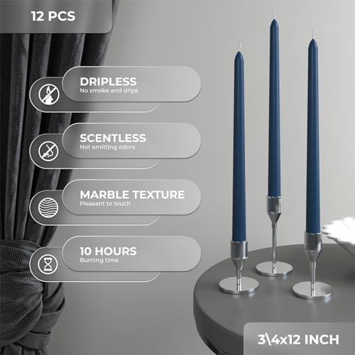 CANDWAX 12 inch Tapered Candles Set of 12 - Dripless and Smokeless Candle Sticks - Dark Blue Candle - Image 4
