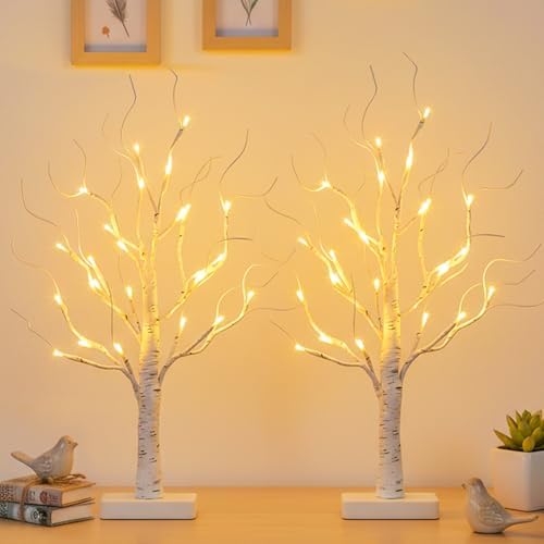 PABIPABI Lighted Birch Tree, 2 Pack Christmas Tree with 24 LED, Tabletop Centerpiece Artificial Tree Lights Battery Powered Timer for Home Office Bedroom Wedding by PABIPABI
