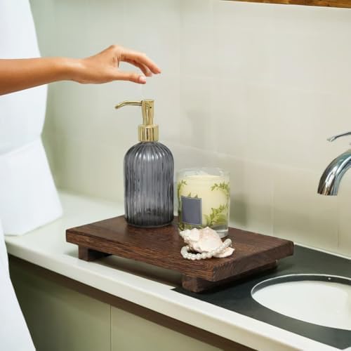 (9x6 Inch,Brown) Wood Riser Soap Tray, Rustic Wood Pedestal Stand Tray Farmhouse Kitchen Counter Decor Bathroom Soap Dish Holder for Sink,Vanity,Plant,Bottles, Candles Display - Image 6