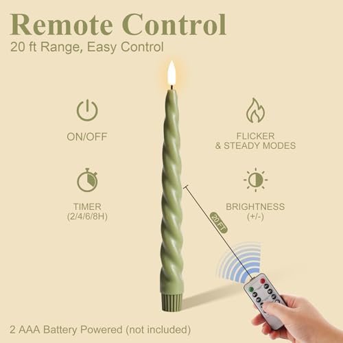 Sage Green Spiral Flameless Taper Candles with Remote Set of 6 - Image 4