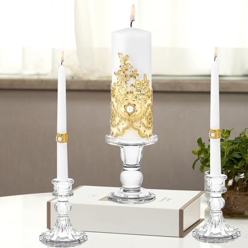 Unity Candle Holder - Glass Candle Holders for Pillar Candles Taper Candles, Glass Candlestick Holders Set of 3, Decorative Clear Glass Candlestick Holder for Wedding Table Dinning Church Centerpiece - Image 3