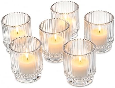 Kate Aspen Vintage Ribbed Glass Candle Holders Set of 6 - Votive & Tealight Candle Holder Decor for Holiday Table Decor, Christmas Dining Tablescape, Fall & Boho Home Accents (Clear) by KateAspen