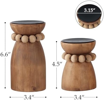 NIKKY HOME Farmhouse Beaded Wooden Pillar Candle Holders Set of 2 - Image 4