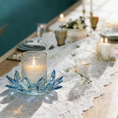 Large Crystal Lotus Tealight Candle Holder for Up to 6" Diameter Pillar Candle Plate Candlestick,Chunky Glass Votive Stand for Wedding, Party, Table Centerpiece Decor and Yoga Meditation (2, Blue) - Image 4