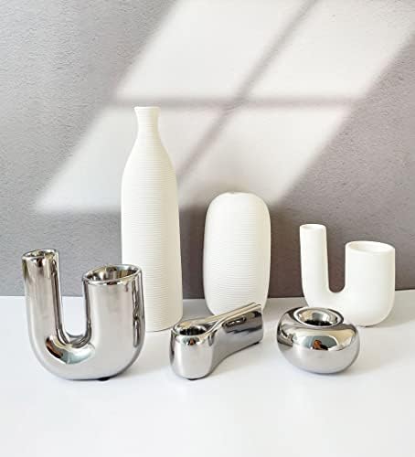 Silver Candlestick Holders, Decorative Taper Candle Holder Set Decor for Table Centerpiece Fireplace, Modern Silver Candle Holders Set, Aesthetic Ceramic Candle Stick Holder - Image 7