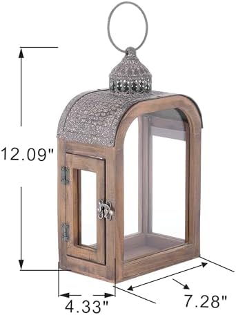 11" High Farmhouse Decorative Lantern, Glass and Metal, Distressed Brown Wood Finish, Rustic Brown Metal Top, Indoor Outdoor Candle Holders (Rustic Brown, 7"X4") - Image 2
