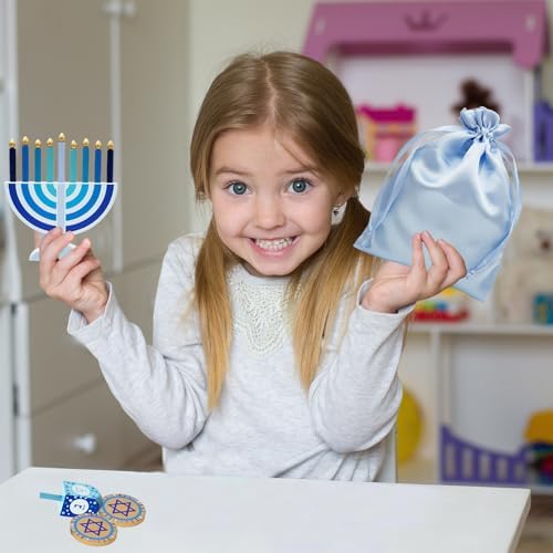 Mini Blue Hanukkah Menorah, 4-Pack 5" Inch Children Wooden Chanukah Menorah Set with Removable Wooden Candles, 3" Inch Dreidel, and Gelt Coins - Image 2
