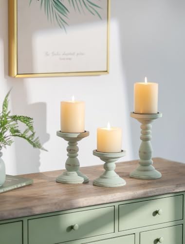 Wood Pillar Candle Holder: Distressed Sage Green Candle Stand - Image 2