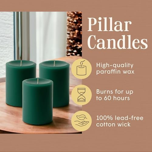 Mister Candle Dripless Unscented Green Pillar Candles, Set of 3 Hand Poured Solid Color Non-Scented Candles for Home Decor, Premium Wax, 60 Hr Burn Time - 3x4 Inch, Green - Image 4