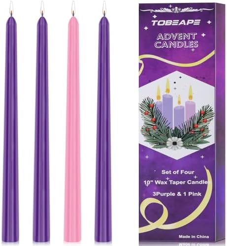 Christmas Advent Candle Set (Set of 4), 10 Inch Christmas Wax Taper Candles, 8 Hours Long Burning Time Dripless Unscented Dinner Candle, 3 Purple & 1 Pink by Tobeape
