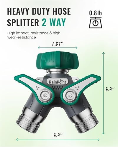 RAINPOINT Garden Hose Splitter, 2 Way Heavy Duty Water Hose Y Spigot Splitter with Shutoff Valves, 100% Metal Body Outdoor Faucet Splitter, 1.9" Extra Long Metal Handle (1, Deep Green) - Image 6