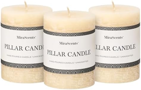 3x4 Inch Ivory Pillar Candles Set of 3 - Hand-Poured Unscented Candles, Long Clean Burning, Large Big Candle, Smokeless Dripless Candle for Dinner Table, Wedding, Home, Bathroom, Rustic Decor by MiraScents