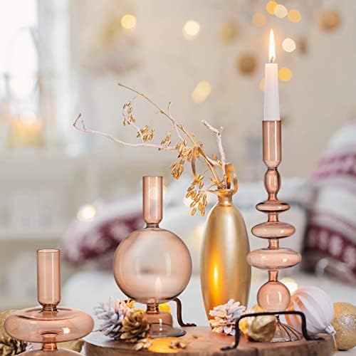 Rtteri 3 Pcs Iridescent Glass Candlestick Holders Taper Candle, Light Brown - Image 5