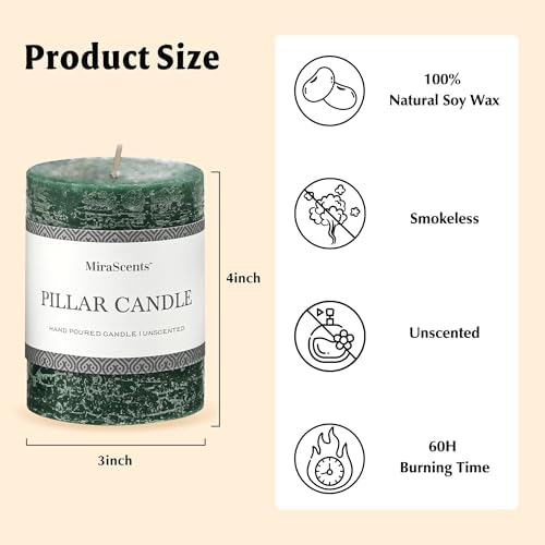 3x4 Inch Dark Green Pillar Candles Set of 3 - Hand-Poured Unscented Candles, Long Clean Burning, Dusty Sage Candle, Smokeless Dripless Candle for Dinner Table, Wedding, Home, Rustic Decor - Image 6