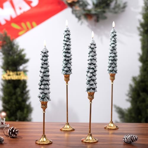 Stmarry 4 PCS Flameless Christmas Tree Candles with Remote, Snow Covered Real Wax Flameless Taper Candles 9.65 Inch, LED Candlesticks Battery Operated with 3D Flickering Flame, Christmas Candles Decor - Image 6