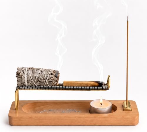 4 in 1 Incense Holder for Sticks, Palo Santo and Sage Holder, Wooden Incense Burner with Ash Catcher, 2 in 1 Incense and Candle Holder, Unique Incense Stick Holder for Yoga Meditation Decor by Unknown