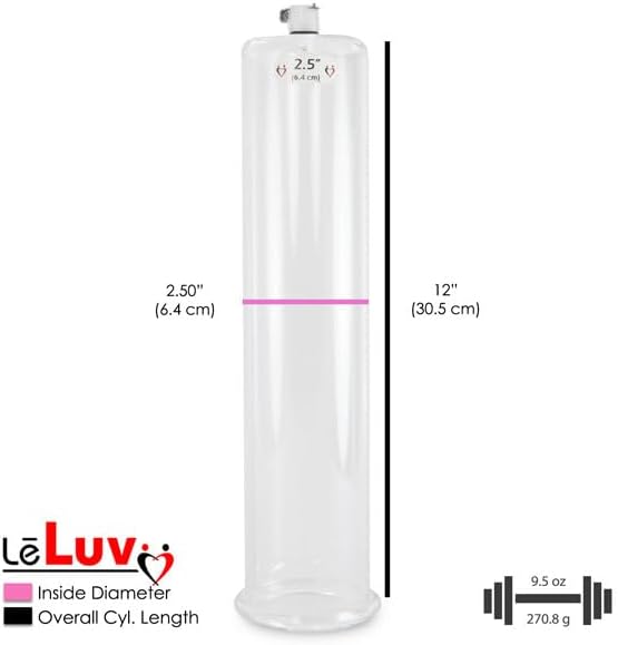 LeLuv Penis Pump Maxi Pink Nylon Handle + Protected Gauge - Bundle with Clear Hose, Silicone Donut Seal - 12 inch Length x 2.50 inch Diameter Cylinder