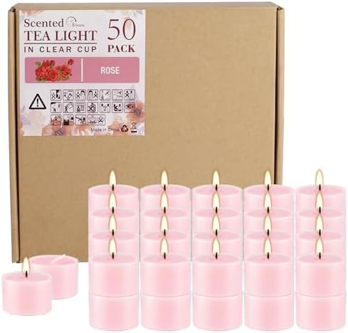 Rose Scented Candle Tealight Candles in Clear Cup, 8 Hours Consistent Smkless Clean Burning, Great for Valentine's Day Holiday, Wedding, Spa, Emergency and Home Decoration（Pink，50 Pack） by Wfmolcand