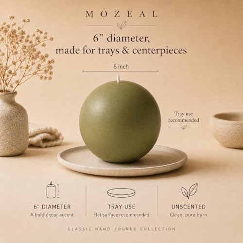 MOZEAL Hand-Poured, 6 Inch Olive Green Large Round Ball Candles - Elegant Olive Green Round Pillar Candles, Dripless, Unscented, Smokeless, Ideal for Autumn Gatherings. - Image 3